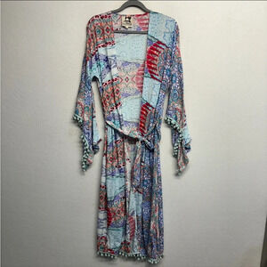 Jaase Colorful Blue Print Pom Pom Hem Kimono Robe M